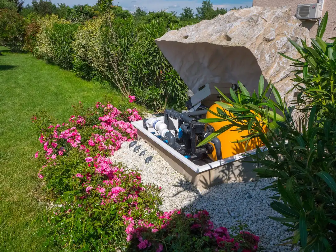 Local technique pour piscine en faux rocher